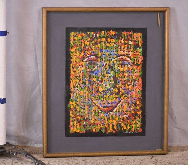 Framed abstract painting on board of a face; 55-11204B