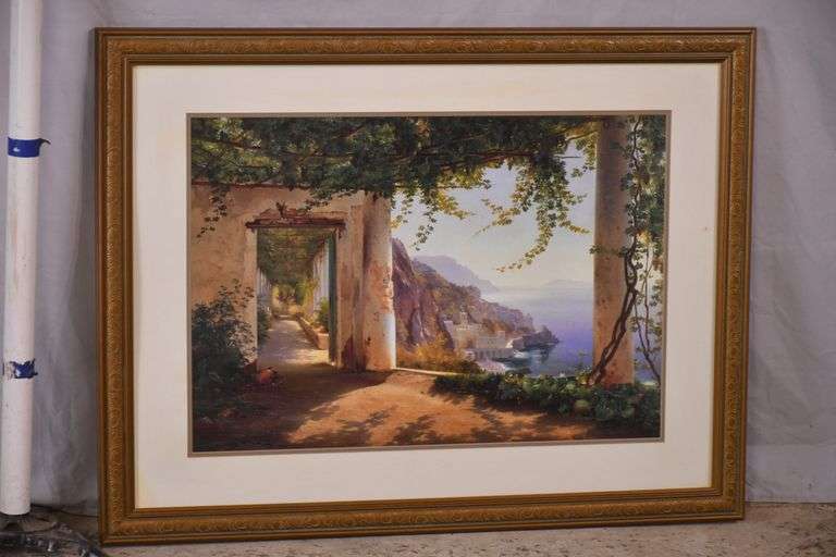 Large framed Mediterranean scene print; 16748-014