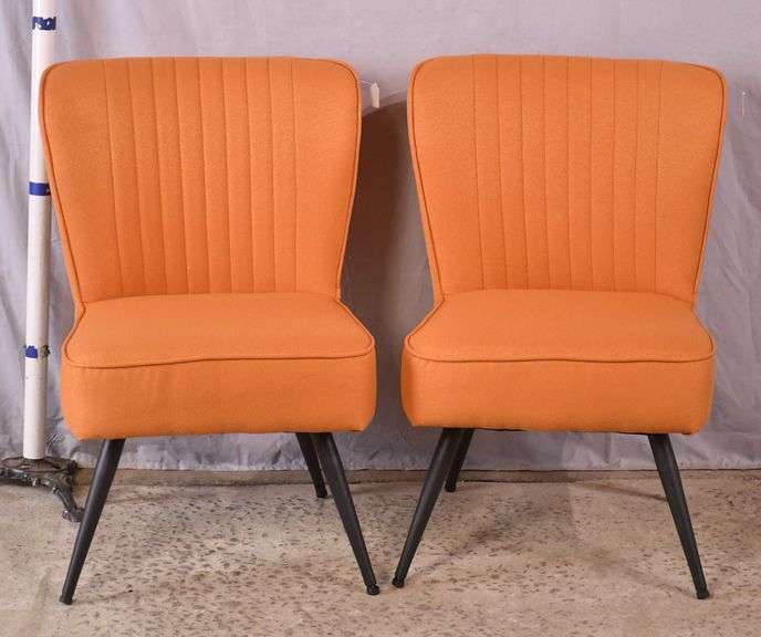 Pair of mid-century style chairs with orange fabric and black metal legs; 1116-480