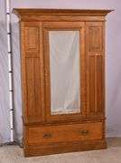 Inlaid oak 3 part armoire with beveled mirror door; 55-11191