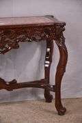 Carved mahogany console table with pink marble top; 495-318