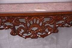 Carved mahogany console table with pink marble top; 495-318
