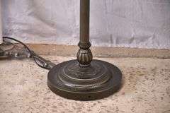 Ornate metal floor lamp with blue stained glass shade; 1116-484