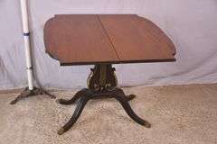 Mahogany flip-top game table with black and gold lyre pedestal base; 495-313