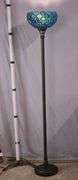 Ornate metal floor lamp with blue stained glass shade; 1116-484
