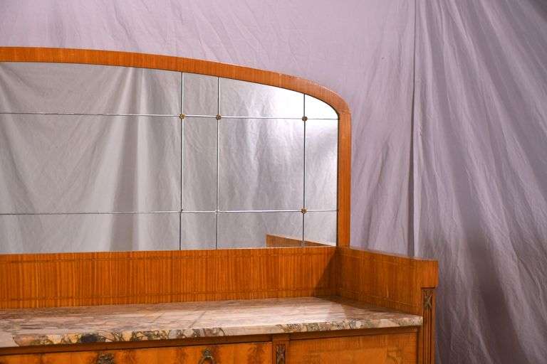 Large inlaid satinwood marble top sideboard with mirrored backsplash; 55-11638