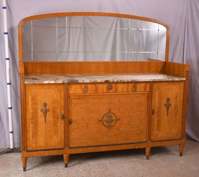 Large inlaid satinwood marble top sideboard with mirrored backsplash; 55-11638