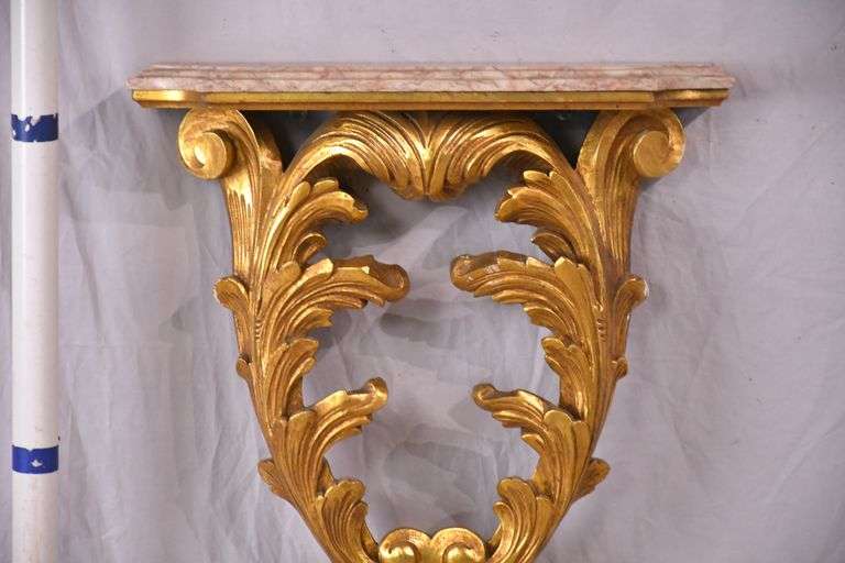 Large carved gold wall shelf with marble shelf; 55-11606