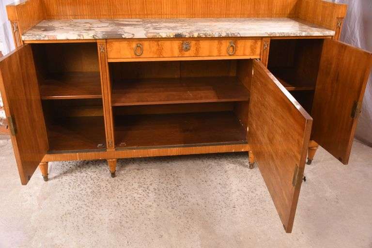 Large inlaid satinwood marble top sideboard with mirrored backsplash; 55-11638