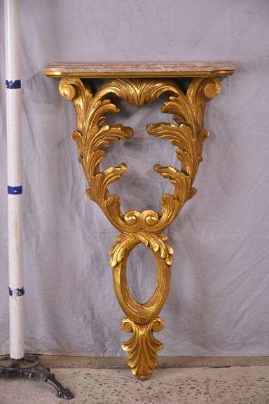Large carved gold wall shelf with marble shelf; 55-11606