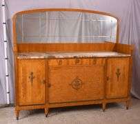 Large inlaid satinwood marble top sideboard with mirrored backsplash; 55-11638