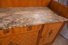 Large inlaid satinwood marble top sideboard with mirrored backsplash; 55-11638