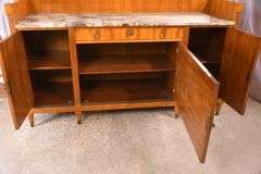 Large inlaid satinwood marble top sideboard with mirrored backsplash; 55-11638