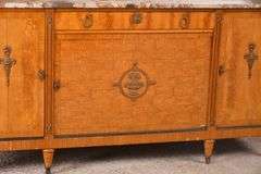 Large inlaid satinwood marble top sideboard with mirrored backsplash; 55-11638