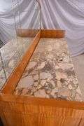 Large inlaid satinwood marble top sideboard with mirrored backsplash; 55-11638