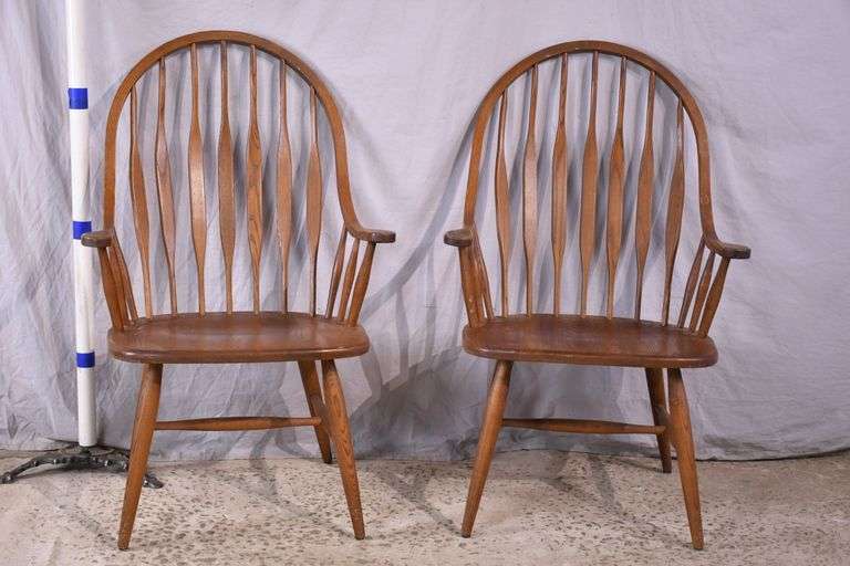 Pair of S. Bent & Bros. oak spindle back armchairs; 55-12381