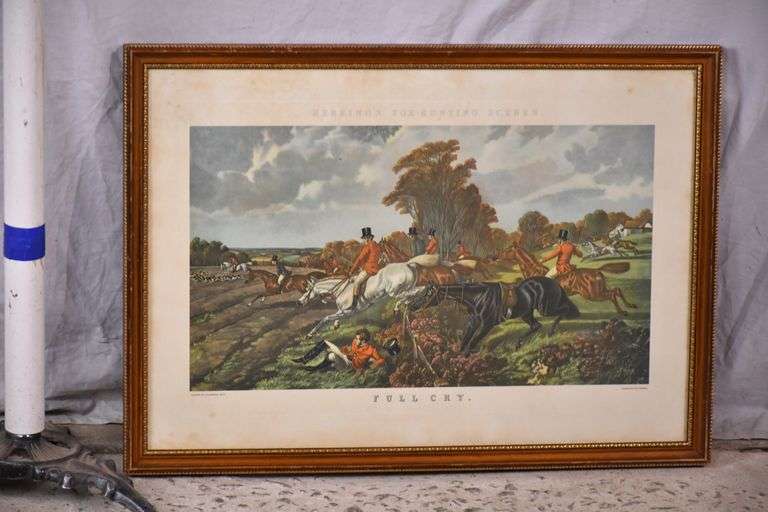 Framed Herring's Fox-Hunting Scene engraving "Full Cry" by J. F. Herring; 192-3173