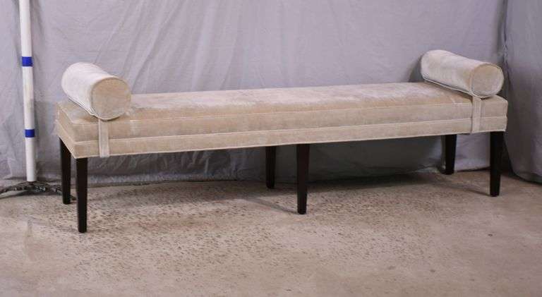 Long bench with 6 tapered legs and 2 barrel pillows; 55-12360
