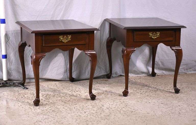 Pair of Ethan Allen cherry Queen Anne style single drawer side tables; 55-12355Z