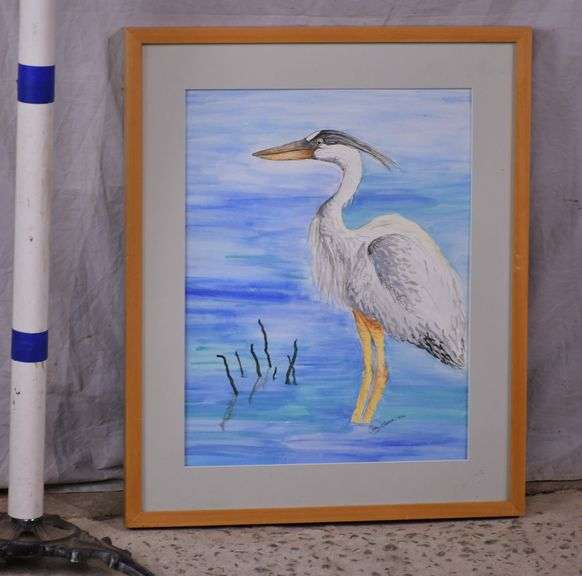 Framed watercolor of a great blue heron by Caley Liptak; 1037-1270