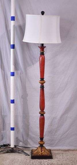 Red and gold decorated floor lamp with shade; 685-139