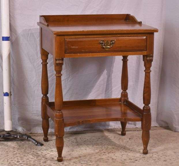 Monitor cherry two-tier single drawer side table with turned legs and columns; 67-2777