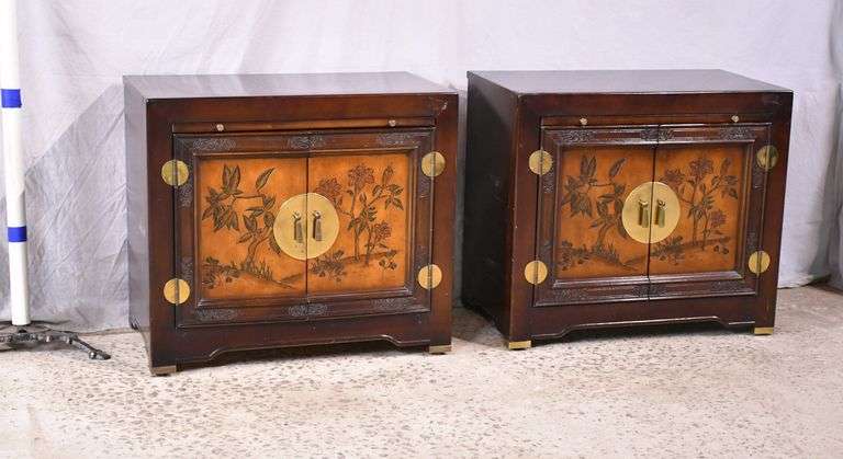 Pair of carved Oriental style 2 door end tables with brushing slides; 55-12437