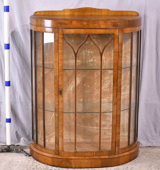 Walnut demilune curio cabinet with backsplash; 16434-003