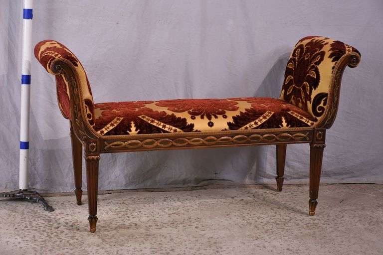 Rolled arm bench with carved frame; 68-7589 - R.H. Lee & Co. Auctioneers