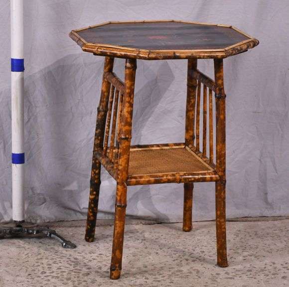 Bamboo two-tier side table with decorated octagonal top; 68-7764