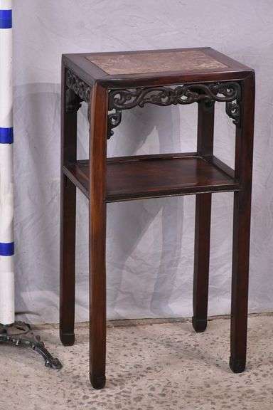 Carved Oriental style two-tier stand with marble top; 68-7782