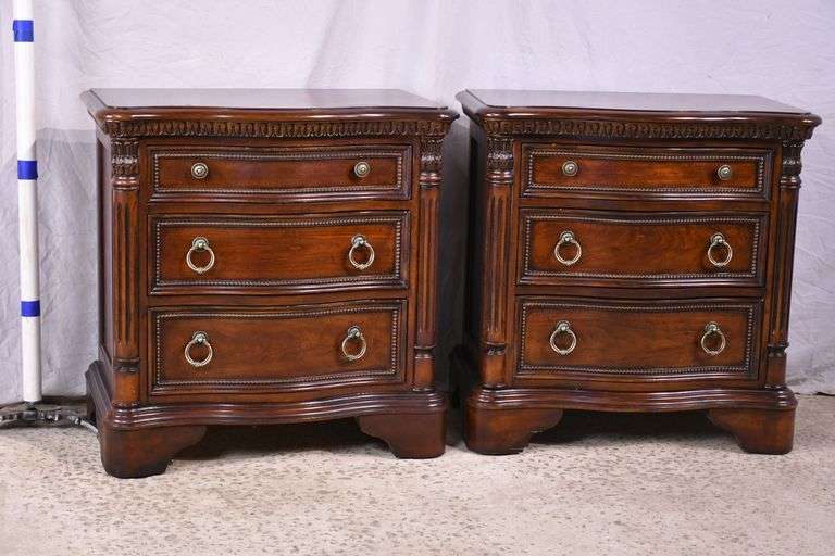 Pair of inlaid cherry serpentine front 3 drawer bedside chests; 68-7735
