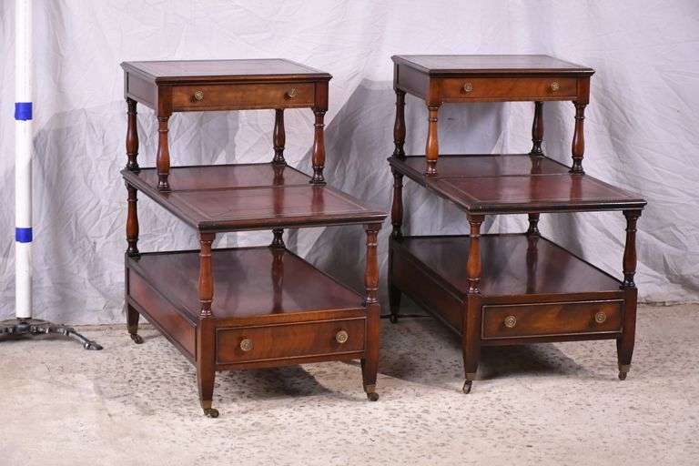 Pair of mahogany leather top 3 tier step back end tables; 32-071 - R.H ...