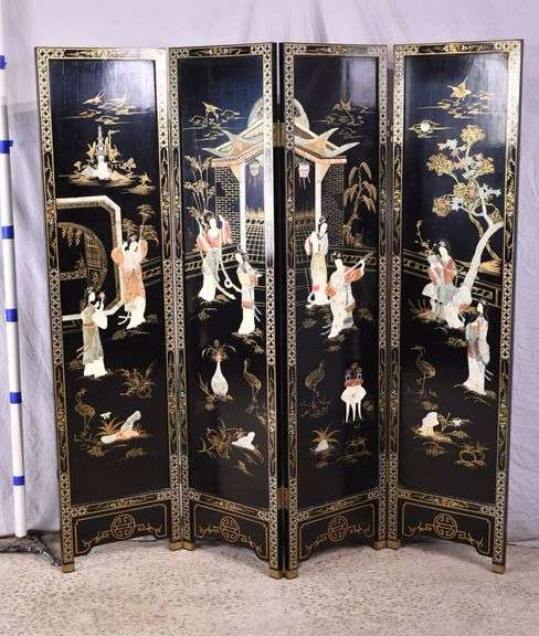 Black and gold Oriental style decorated 4-panel folding room divider; 68-7855