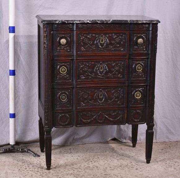 Carved serpentine front 3 drawer side chest with marble top; 68-7864