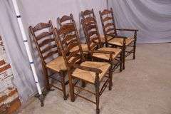 Set of 6 distressed ladderback dining chairs with rush seats; 68-6237B ...