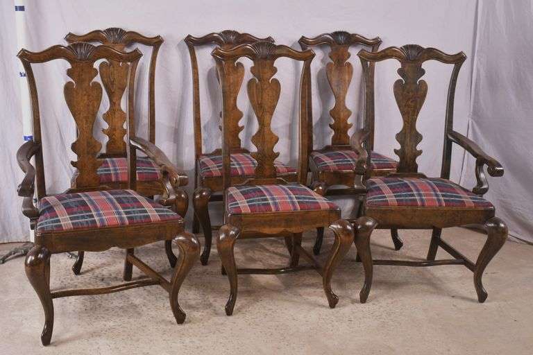 Set of 6 high back dining chairs with plaid seat fabric; 68-6410B - R.H ...