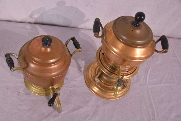 2 small copper and brass beverage dispensers; 13354-027