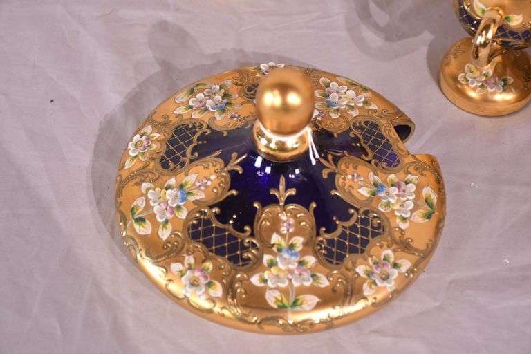 Pauly & Co. gold and floral painted cobalt blue glass punch bowl set; 191-597