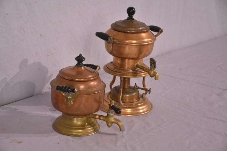 2 small copper and brass beverage dispensers; 13354-027