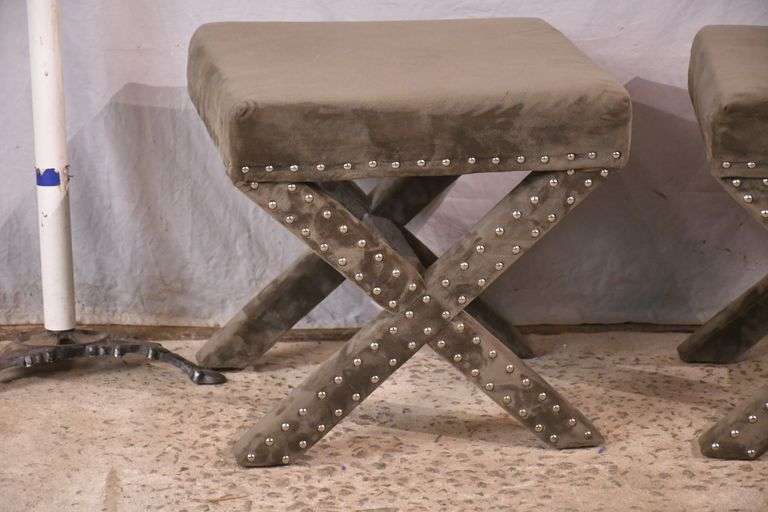 Pair of gray upholstered "X" base benches; 68-6717