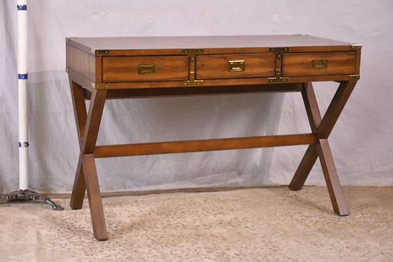 Campaign style 3 drawer writing table with trestle base; 68-6716