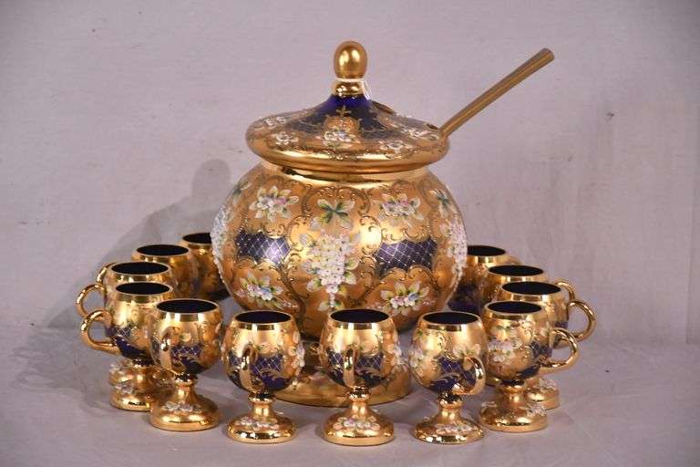 Pauly & Co. gold and floral painted cobalt blue glass punch bowl set; 191-597
