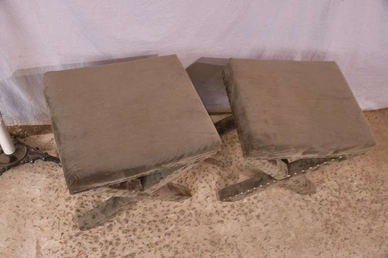 Pair of gray upholstered "X" base benches; 68-6717
