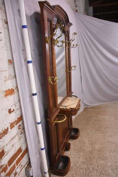 Ornate walnut beveled mirror hall tree with marble shelf and drawer; 68-6670