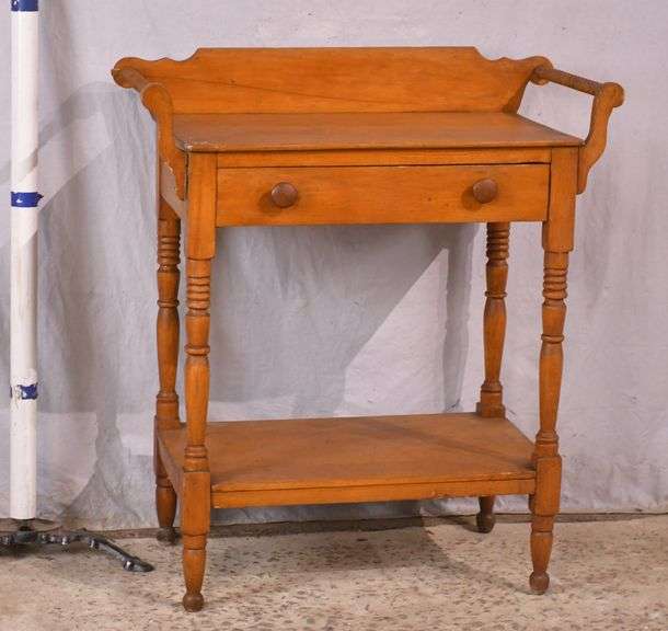 Early two-tier single drawer washstand with backsplash; 3072-014