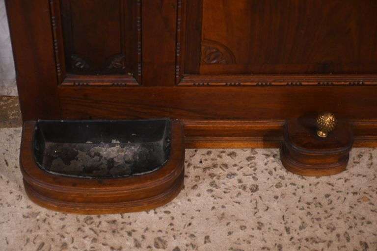 Ornate walnut beveled mirror hall tree with marble shelf and drawer; 68-6670