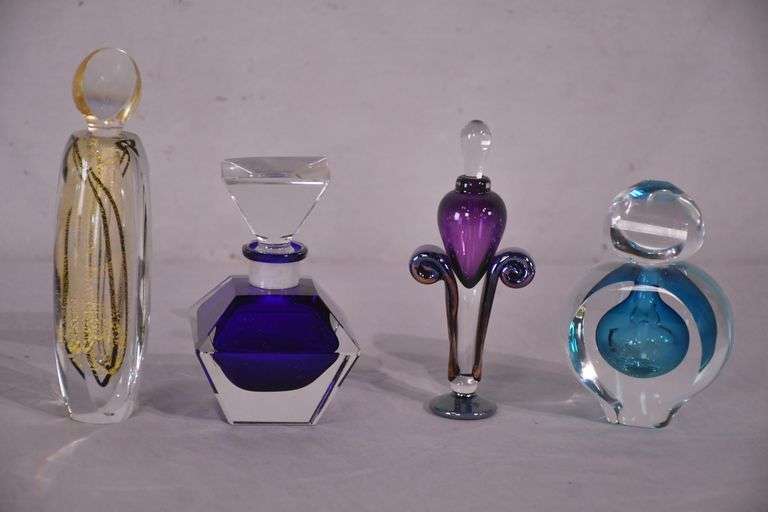 Group of 4 vintage signed art glass perfume bottles; 3671-023B