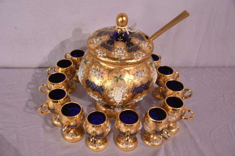 Pauly & Co. gold and floral painted cobalt blue glass punch bowl set; 191-597