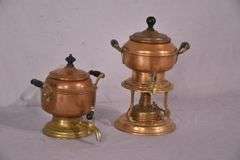 2 small copper and brass beverage dispensers; 13354-027